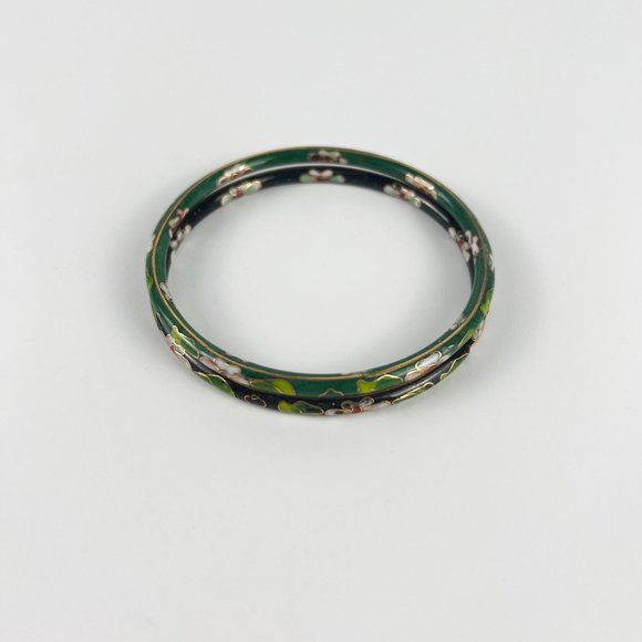 Vintage Pair of Chinese Thin Black Green Cloisonne Enamel Floral Bangles Bracele - Picture 4 of 4